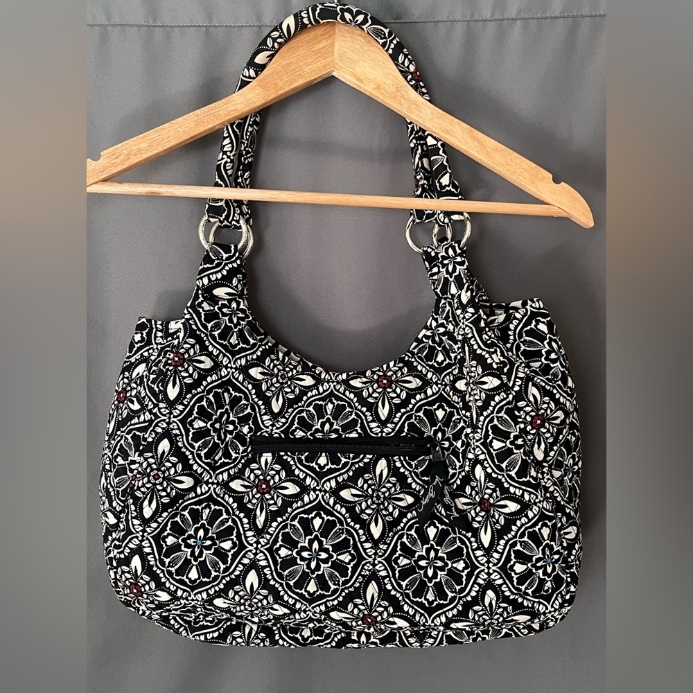 Vera Bradley Barcelona Black White Multicolor Stripe Scoop Quilted Purse - Picture 2 of 10